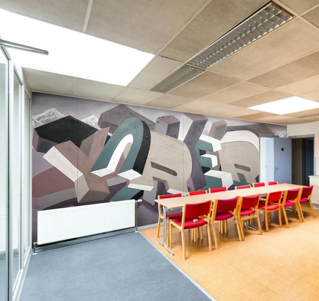Muurschildering binnen (abstract typografische binnenkunst) Vergaderzaal Wandschildering Conference Room Wall design.